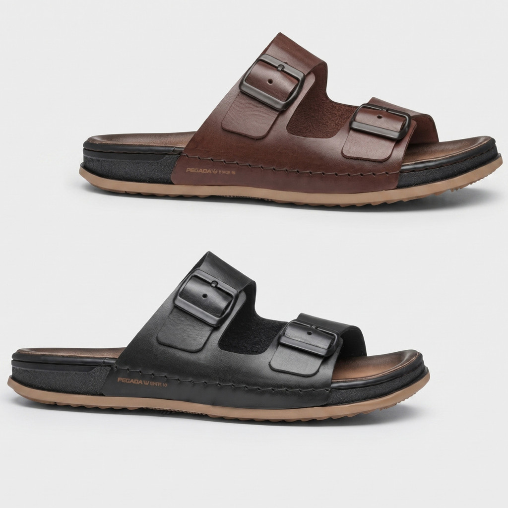 Sandália Chinelo Slide Masculino Pegada Couro Fivelas Ajustáveis Original