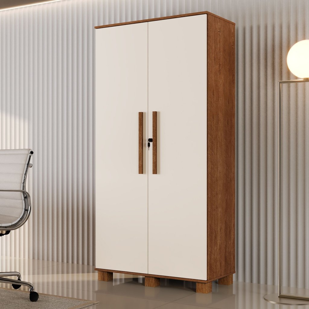 Armário para Escritório Multiuso 2 Portas com Chave Dacar Marrom/Canela/Off White 100% MDF Canela/Offwhite