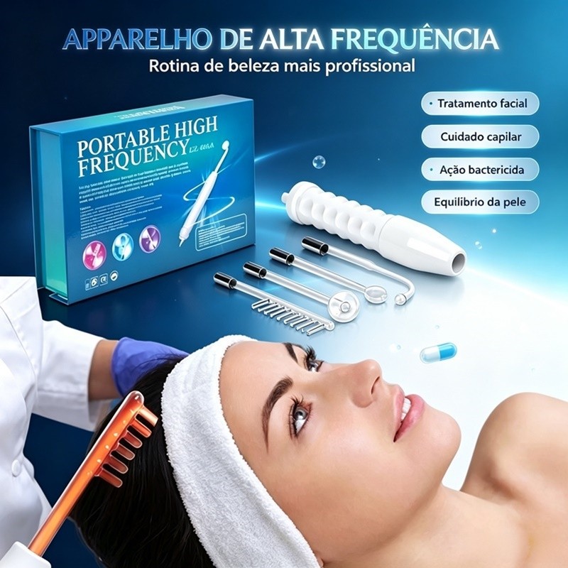 Aparelho Alta Frequência Portátil Para Limpeza De Pele Tratamento Facial e Capilar 4 Eletrodos Eletroterapia Bivolt VOLK