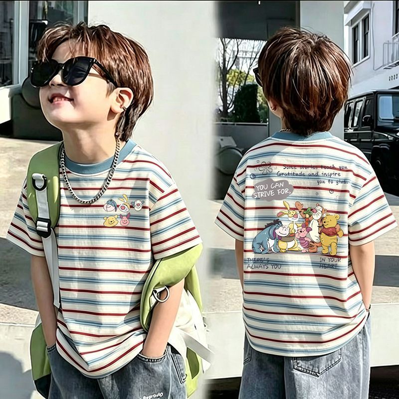 Bonito meninos verão moda solta de manga curta listrado dos desenhos animados camiseta puro algodão crianças meninos All
