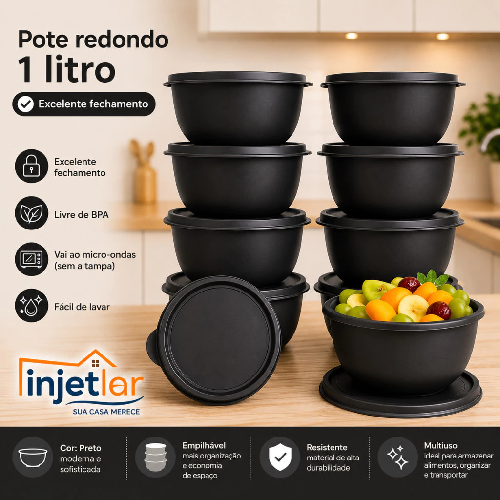 Kit de potes redondos 1 litro para cozinha com 10 peças para marmita — imagem 1