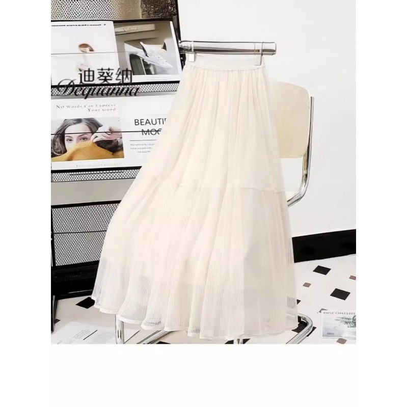2026 primavera verão novo estilo saia primavera saia feminina fresco estilo suave plissado saia longa cor sólida All-Mat