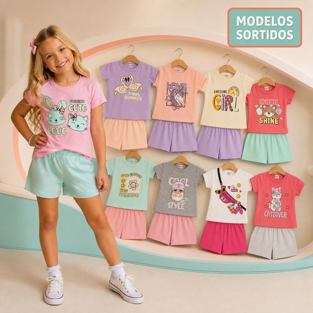 Kit 3 Conjuntos Menina Verão Manga Curta Blusa Algodão Short Moletinho Estampas Sortidas Tam. 01-14