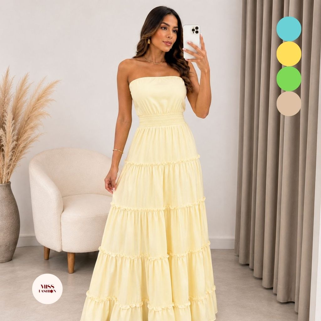 Vestido Longo Feminino Lastex Tomara que Caia Saia com Babados Leve e Soltinho