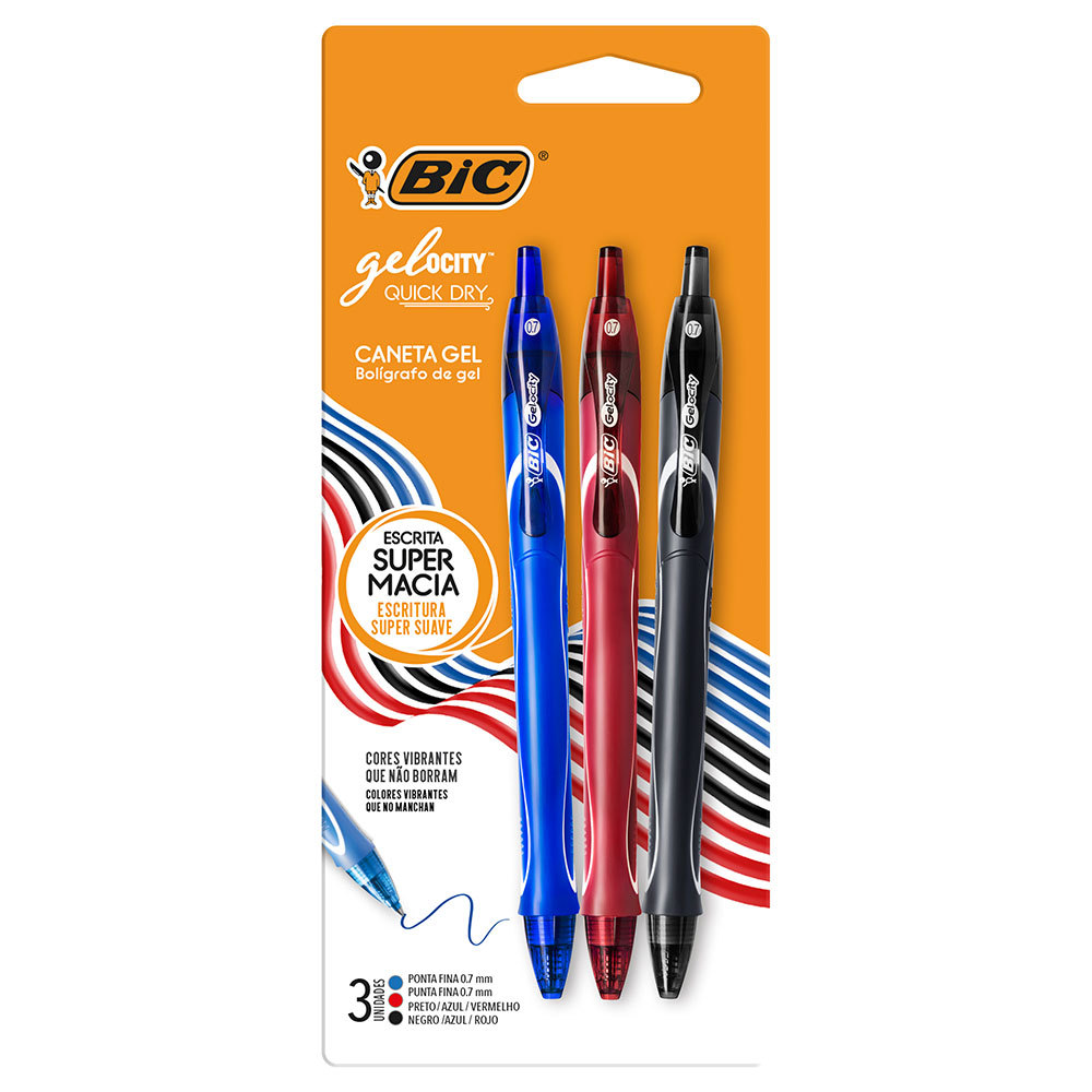 Caneta gel Gelocity Quick Dry 0.7mm com 3 unidades Bic