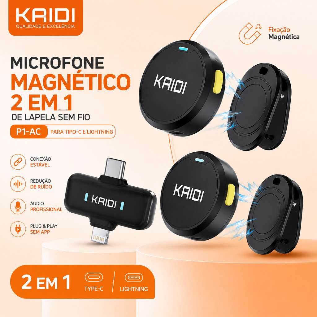 Microfone Lapela Sem fio para Celular Duplo Magnético Redondo Bluetooth Red de Ruído 2 em 1 Type-C e Lightning KAIDI