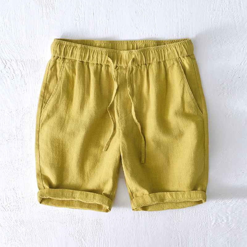 Verão estilo fino respirável em linha reta Ramie Shorts masculino praia calças de linho solto Casual algodão linho calça