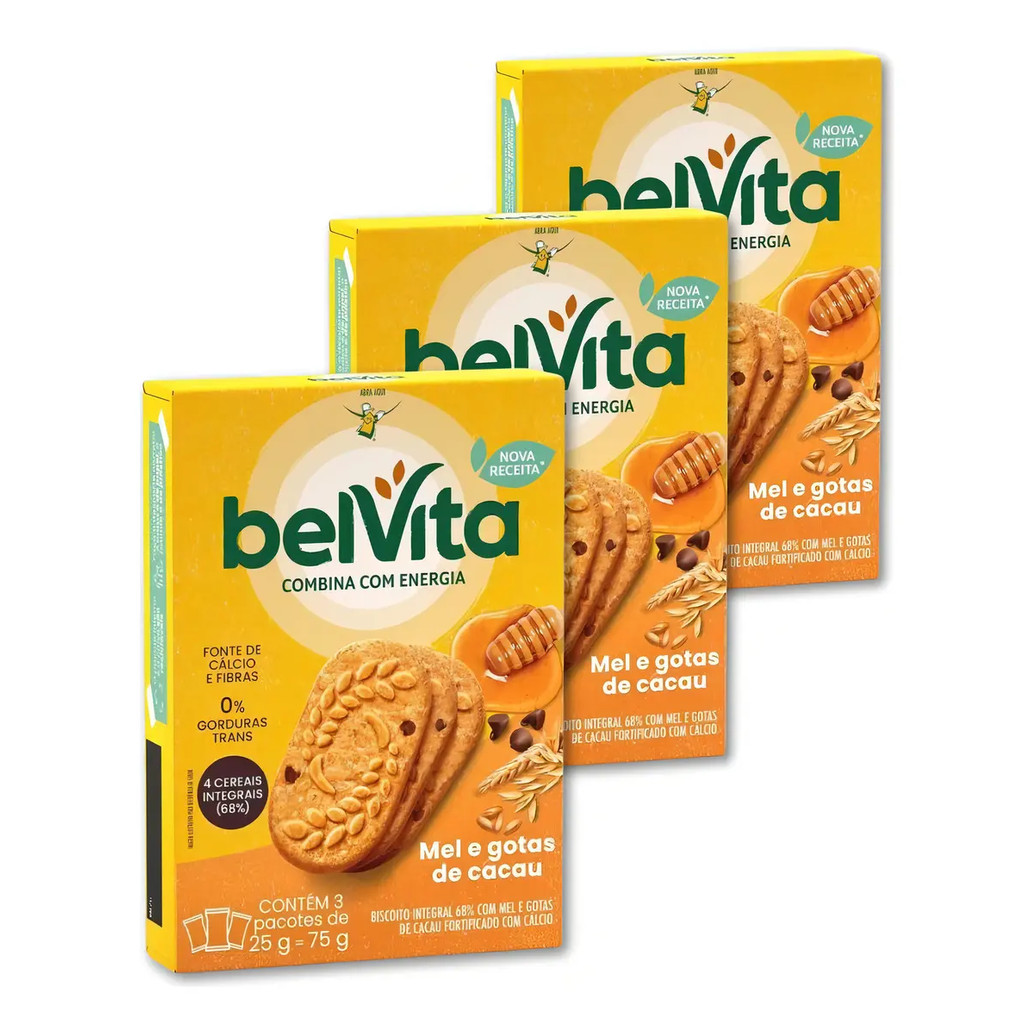 BISCOITO INTEGRAL BELVITA MEL E GOTAS DE CACAU 75g - KIT C/3