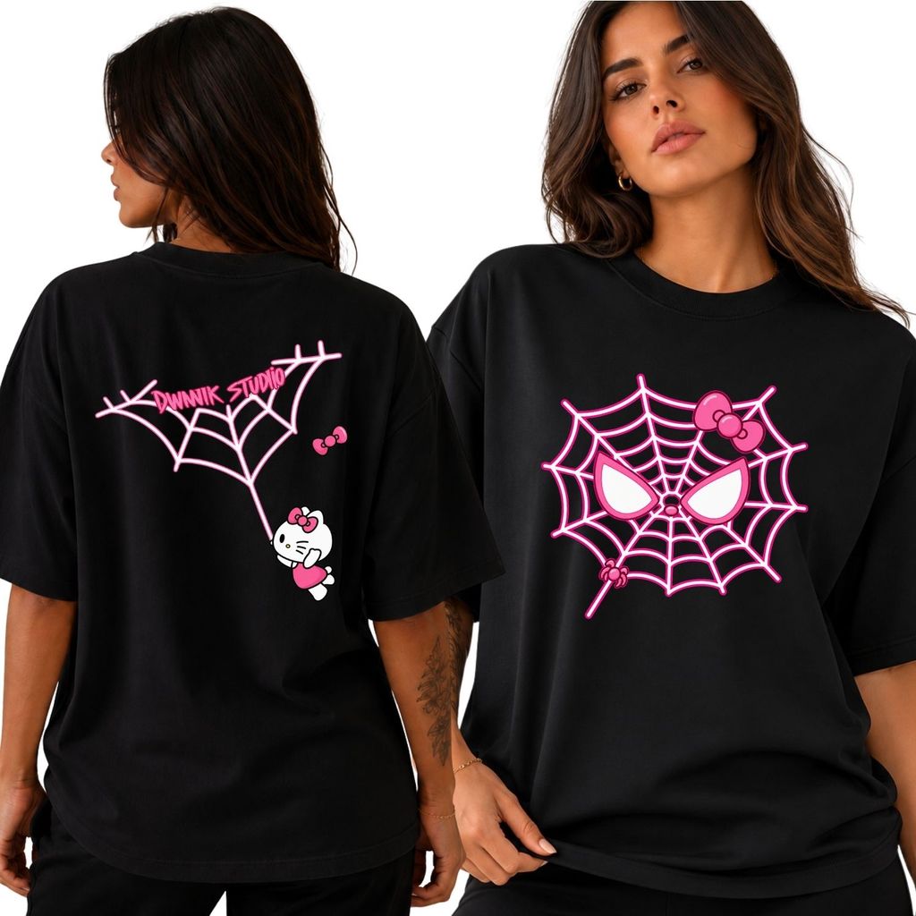 Camiseta Oversized Feminina Hello Kitty Homem Aranha Fofa Estilosa Algodão Streetwear Confortável Teia Estampada