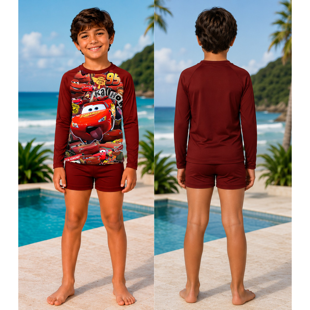 Conjunto Camisa Sunga Proteção Solar Uv FPU50+ Infantil Menino Natação Praia Desenhos Carros McQueen