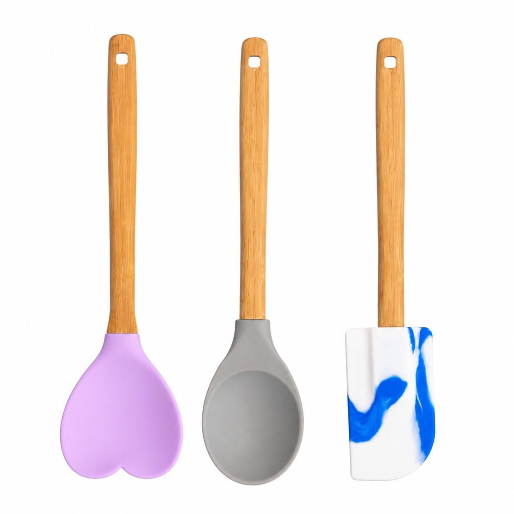 Kit 3 UN Utensílios de Cozinha Colher Espátula de Silicone Cabo Madeira Bambu