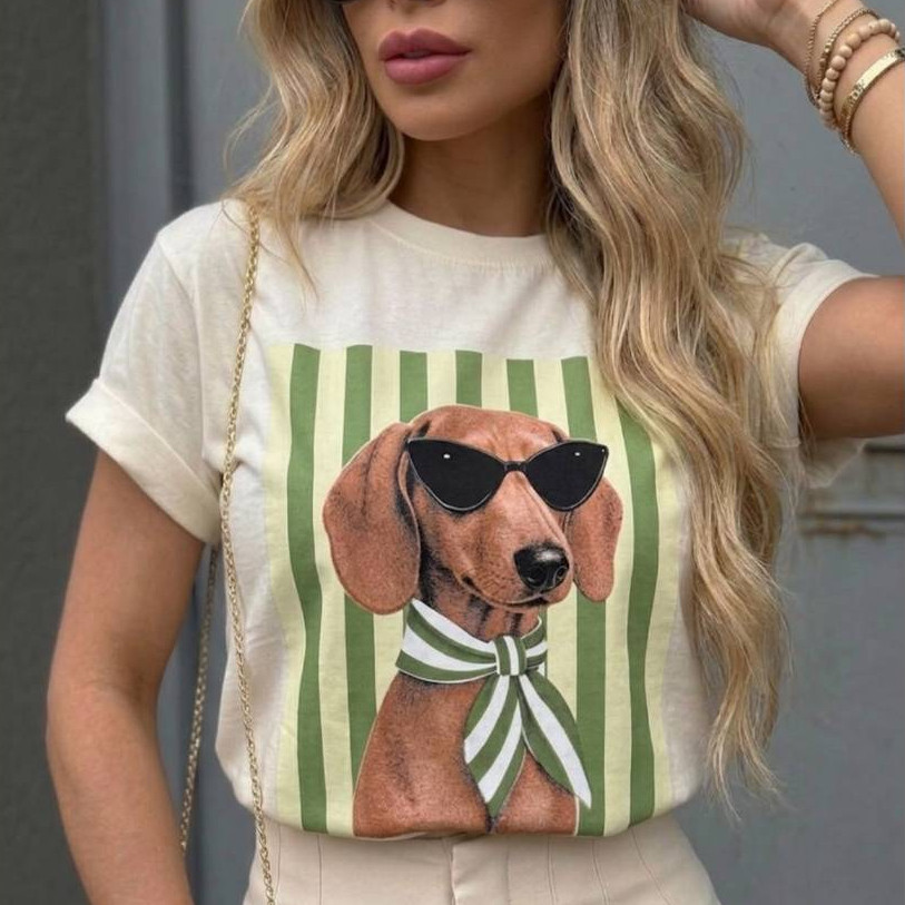 Camiseta Feminina 100% Algodão Cachorro Estampada T-Shirt Moda Casual Manga Curta Confortável Estilosa
