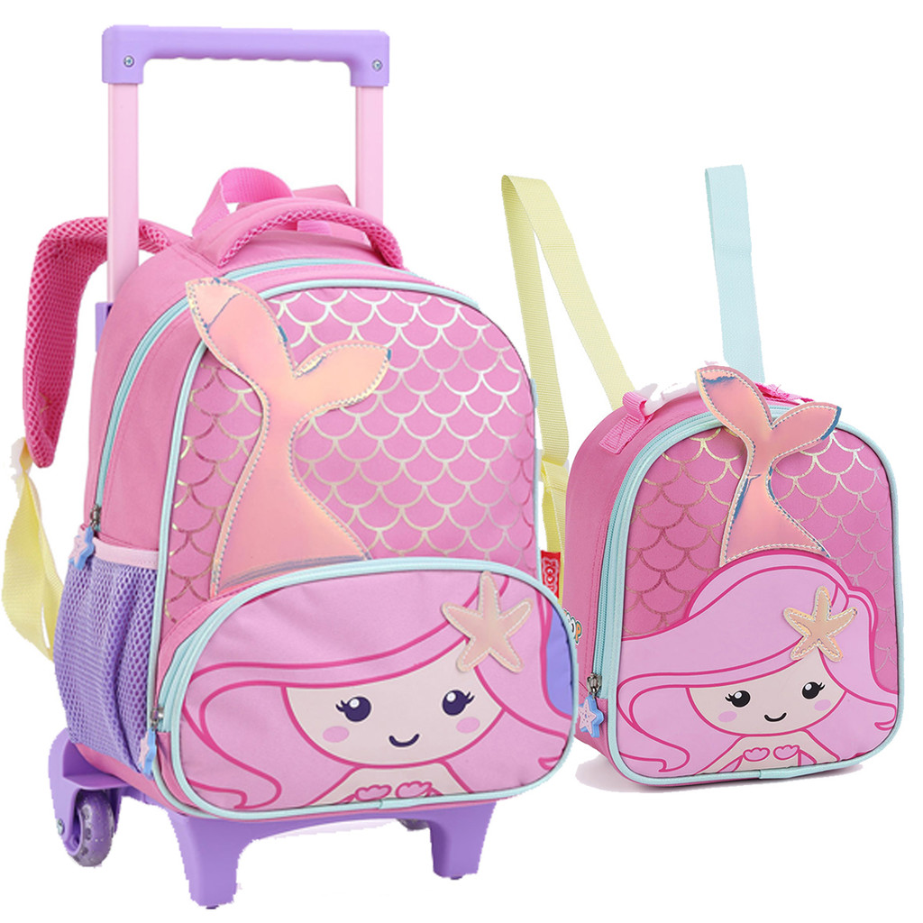 Kit Mochila Carrinho + Lancheira Infantil Menina Creche Zoop