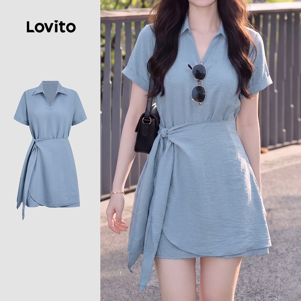 Lovito Vestido Casual Azul para Mulheres Estilo Envelope primavera/verão DRB198P1D295