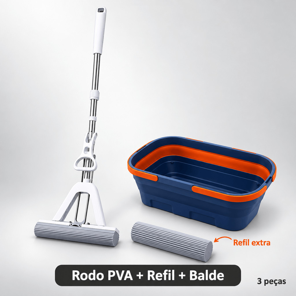 Rodo PVA Mop Esponja para Limpeza de Piso com Balde Dobrável, Refil e Suporte – Várias Opções