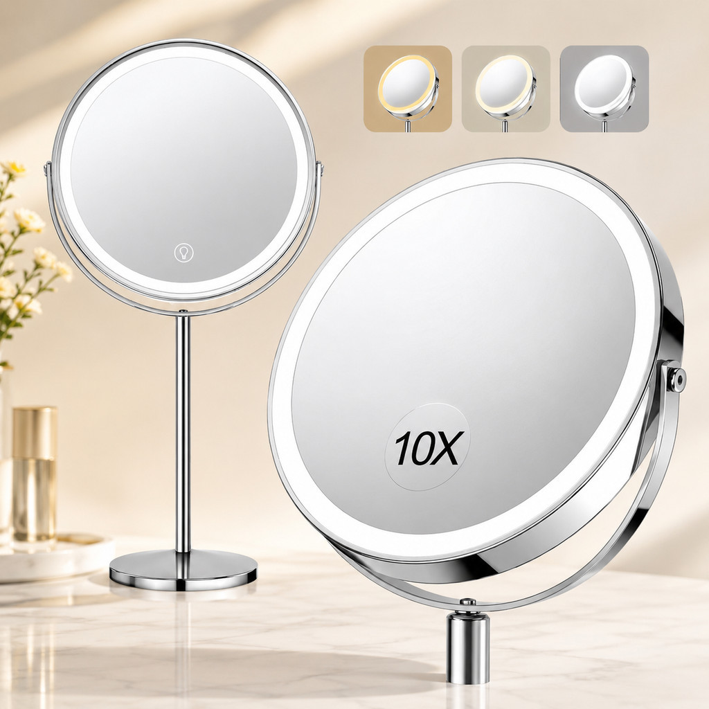 Espelho de Maquiagem LED 8 Polegadas Dupla Face 1X 10X Aumento 3 Cores Luz Rotação 360° Recarregável USB Base Removível