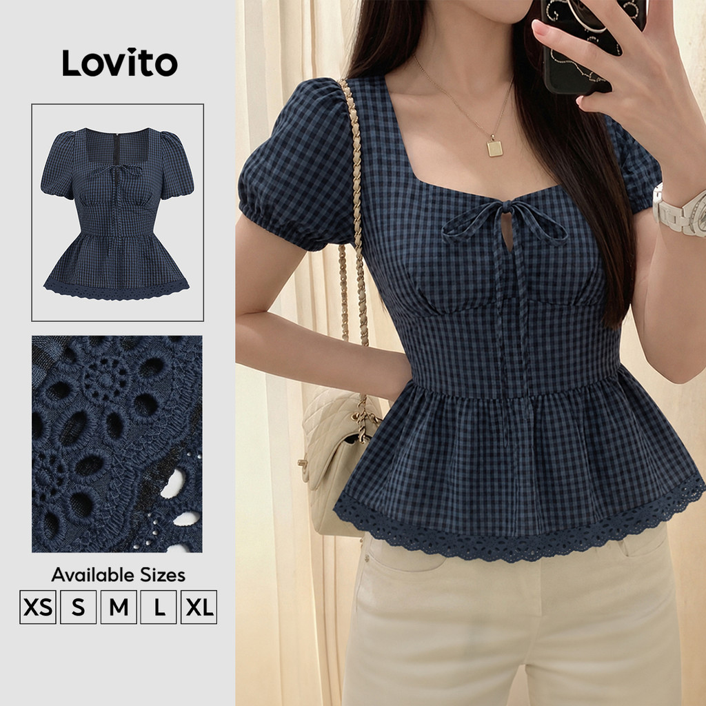 Lovito Blusa Casual de Renda Azulmarinha de Primavera/verão para Mulheres Bordado LBL37082