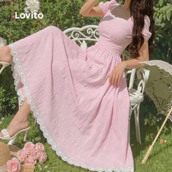 Lovito Vestido Elegante com Babado No Pescoço Contraste em Rosa Drapeado primavera/verão DRB198P1D245