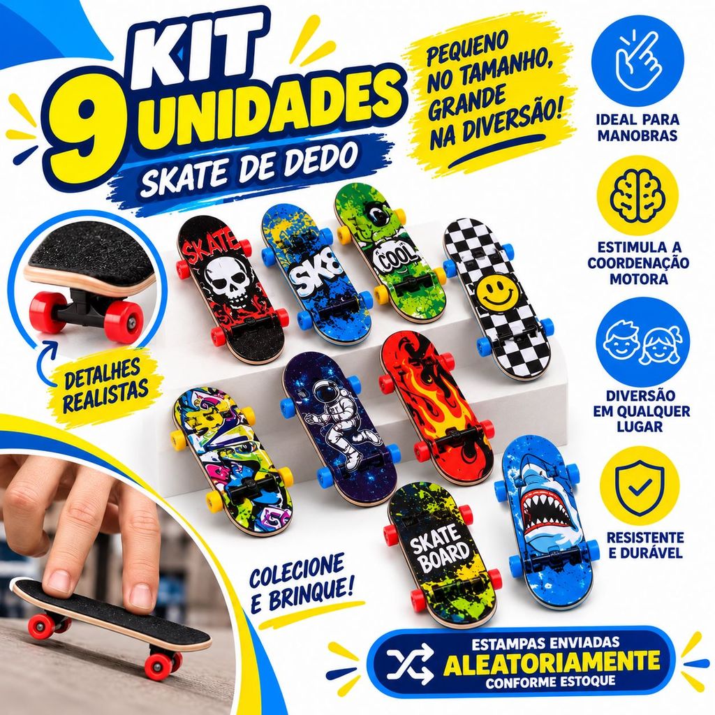9 Fingerboards Infantil Mini Skate de Dedo Brinquedo para Manobras e Diversão