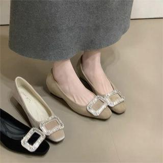 Sapatos de salto cunha feminino 2026 novo estilo primavera strass fivela quadrada elegante dedo do pé quadrado deslizame