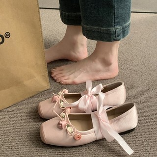 Rosa boca rasa dedo do pé quadrado sapatos planos feminino 2026 novo estilo primavera outono sapatos de balé estilo Chan