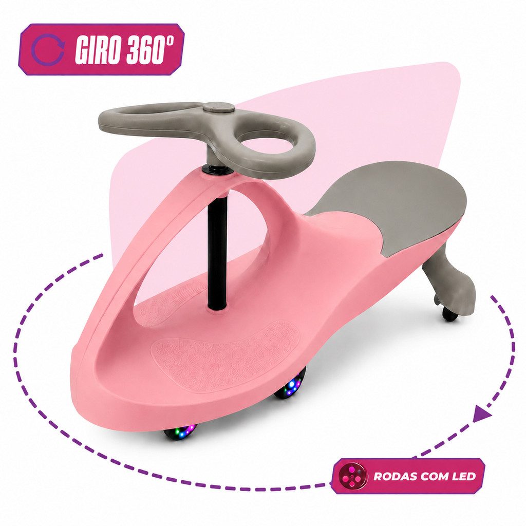 Carrinho Rolimã Infantil Gira 360 Graus LED nas Rodas Zippy Car Compact Suporta Até 80kg Reforçado Menina Kizumba Azul