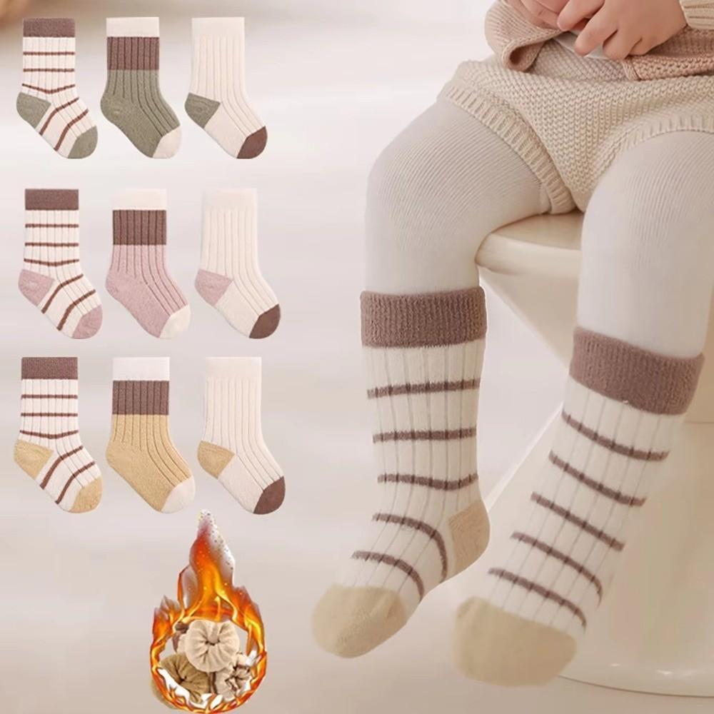 3 Pares De Meias De Pelúcia Para Bebês , Listradas De Desenho Animado Espessadas Crianças , Calçados Térmicos Macios E Q