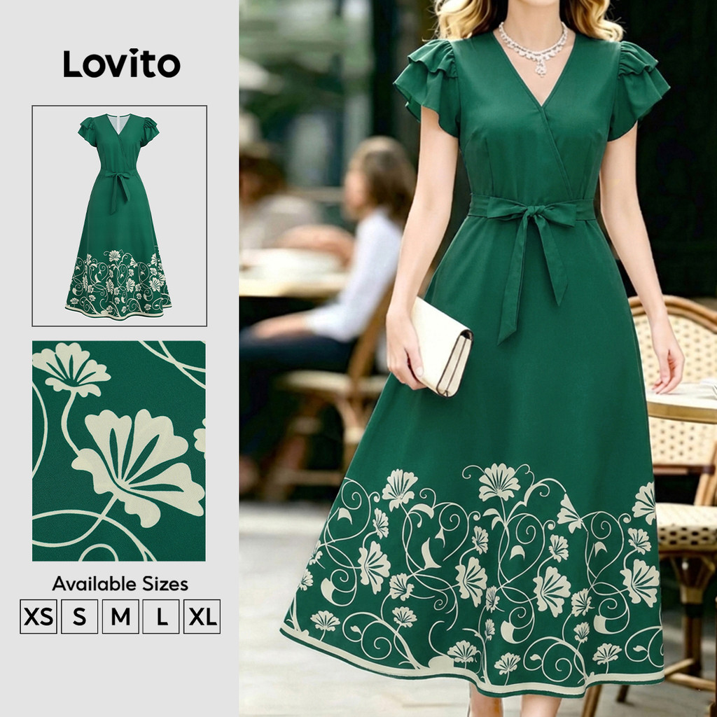 Lovito Vestido Floral Elegante Com Flores E Renda Com Babado Amarração Primavera/Verão Feminino Bordado DRK8P2D821