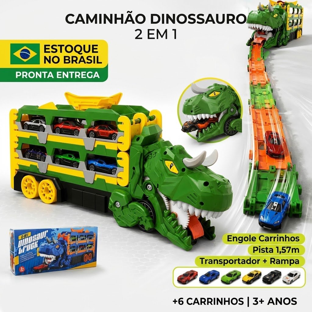 Caminhão Dinossauro 4 em 1 Que Engole Carrinhos Pista Lançador Transportador Dino Truck Brinquedo Infantil