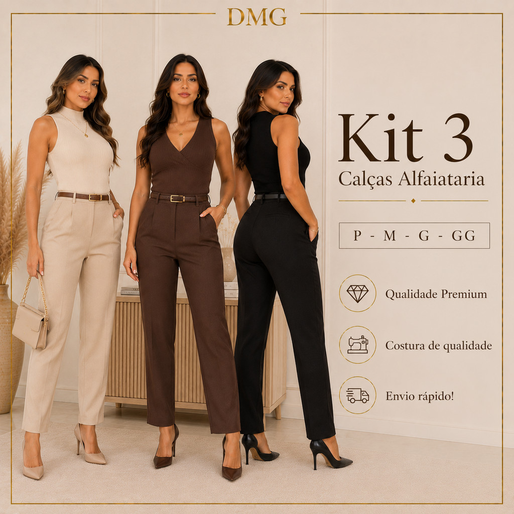 Kit 3 Calça Social Feminina Cintura Alta Alfaiataria Com Cinto e Bolso