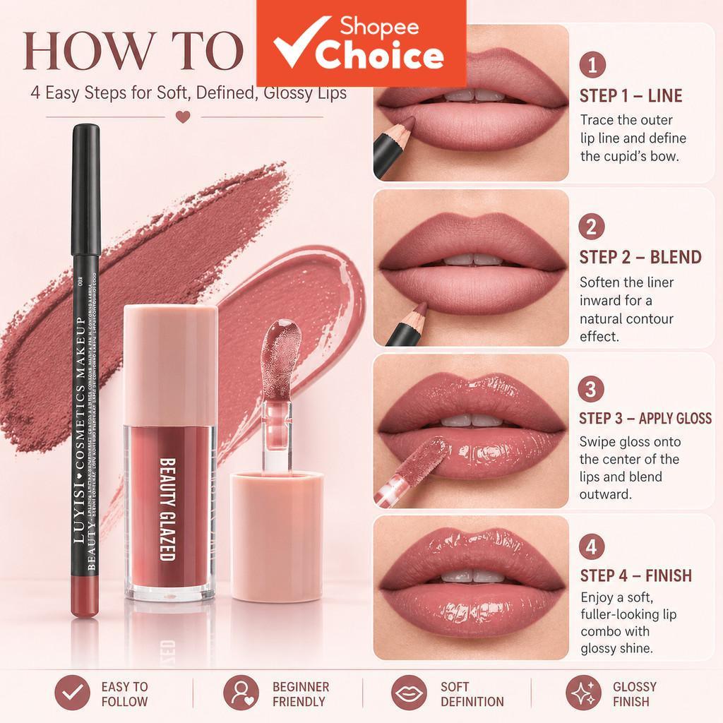 BEAUTY GLAZED Conjunto De 2 Peças De Delineador Labial E Brilho À Prova D'água Fosco Batom Líquido Maquiagem