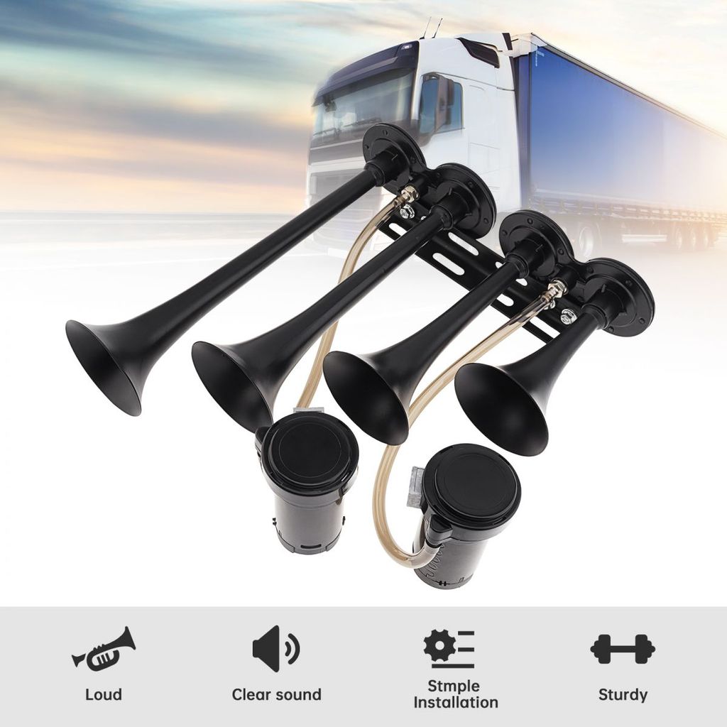 Kit De Buzina De Ar De Quatro Trombetas 12V 185dB Com Compressores Duplos , Relé E Chicote Elétrico