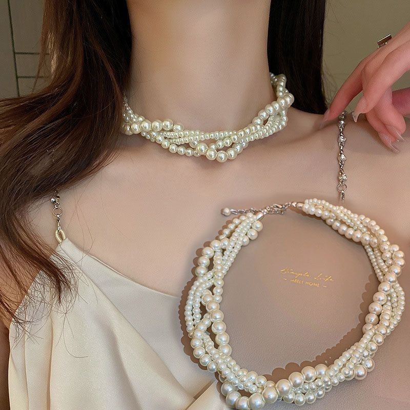 Francês barroco pérola trançado torção colar clavícula moda pérola colar Multi-camada colar influenciador ins
