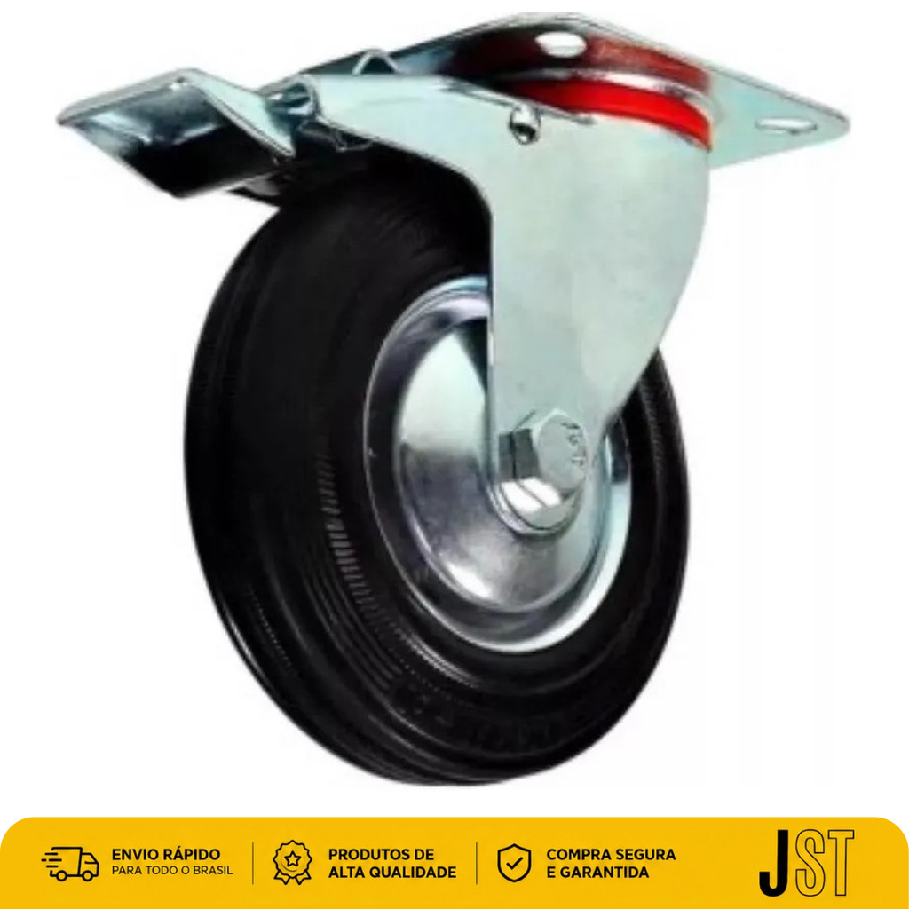 Rodízio Giratório de Borracha 100mm 4pol com Trava 70kg JST - Roda para Móveis