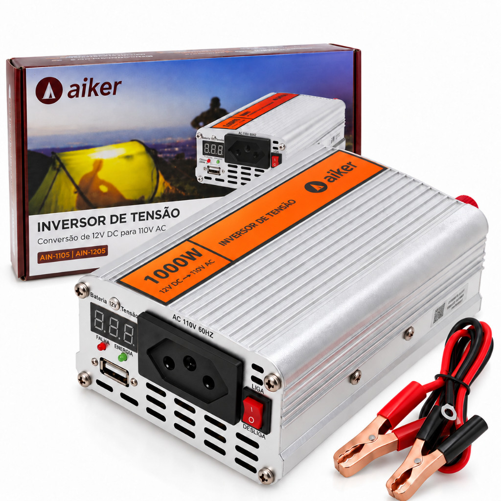 Inversor de Tensão 12V para 110V/220V 500W-1000W Automotivo para Carro com USB Aiker