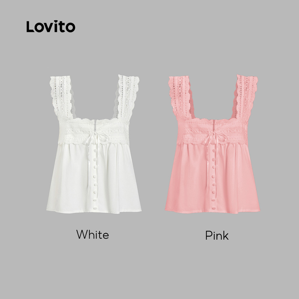 Lovito Top Férias Renda Lisa Regata Verão Primavera Feminina Bordado L100MD371