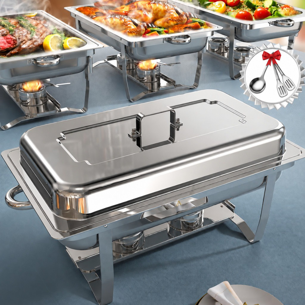 Rechaud Profissional Inox 12L Aquecimento por Álcool Pés Dobráveis com 1, 2 ou 3 Divisórias para Buffet Festas Eventos
