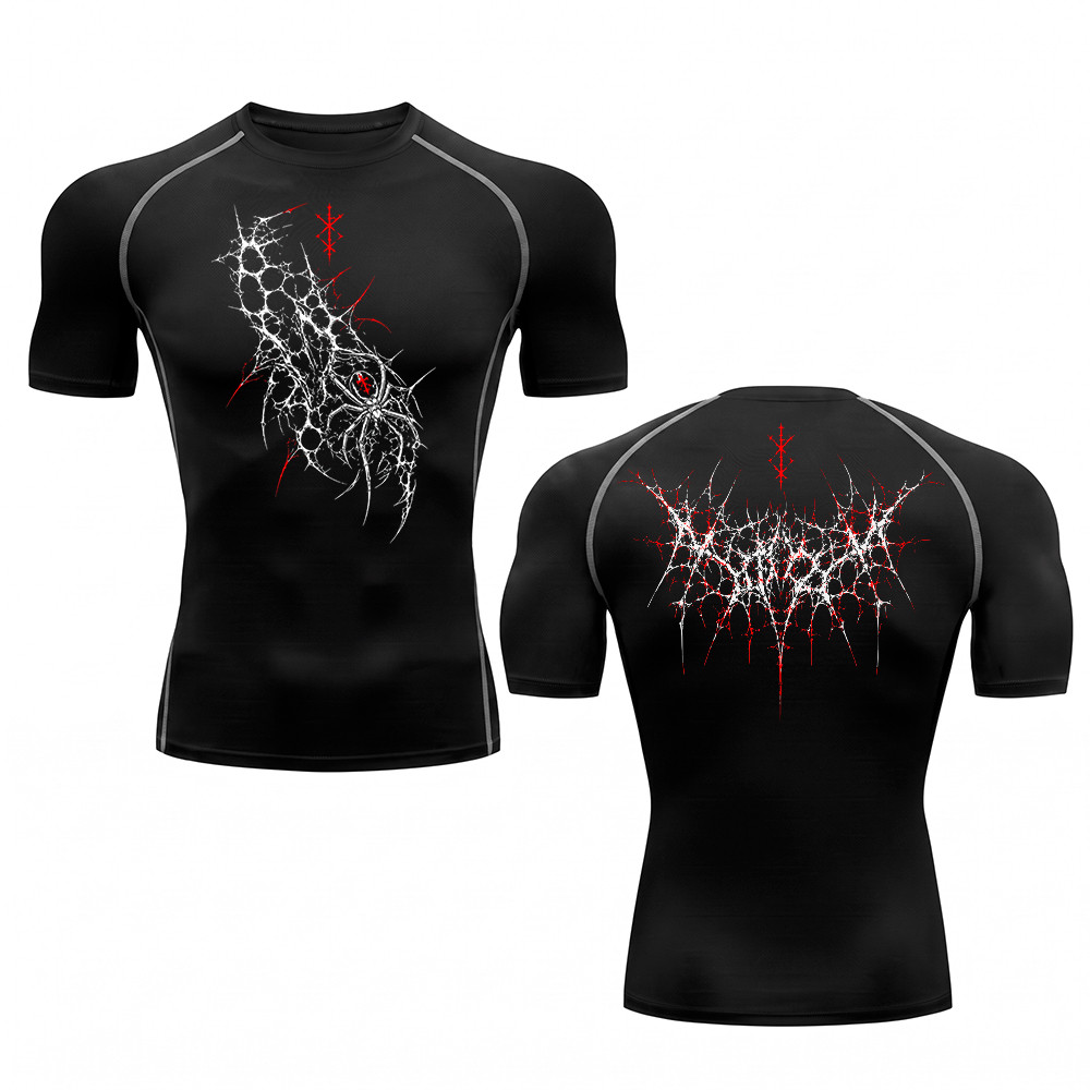 Camiseta Compressão Masculina Costura Inversa Academia Crimson Web Berserk Aranha Gótica Dark Spider