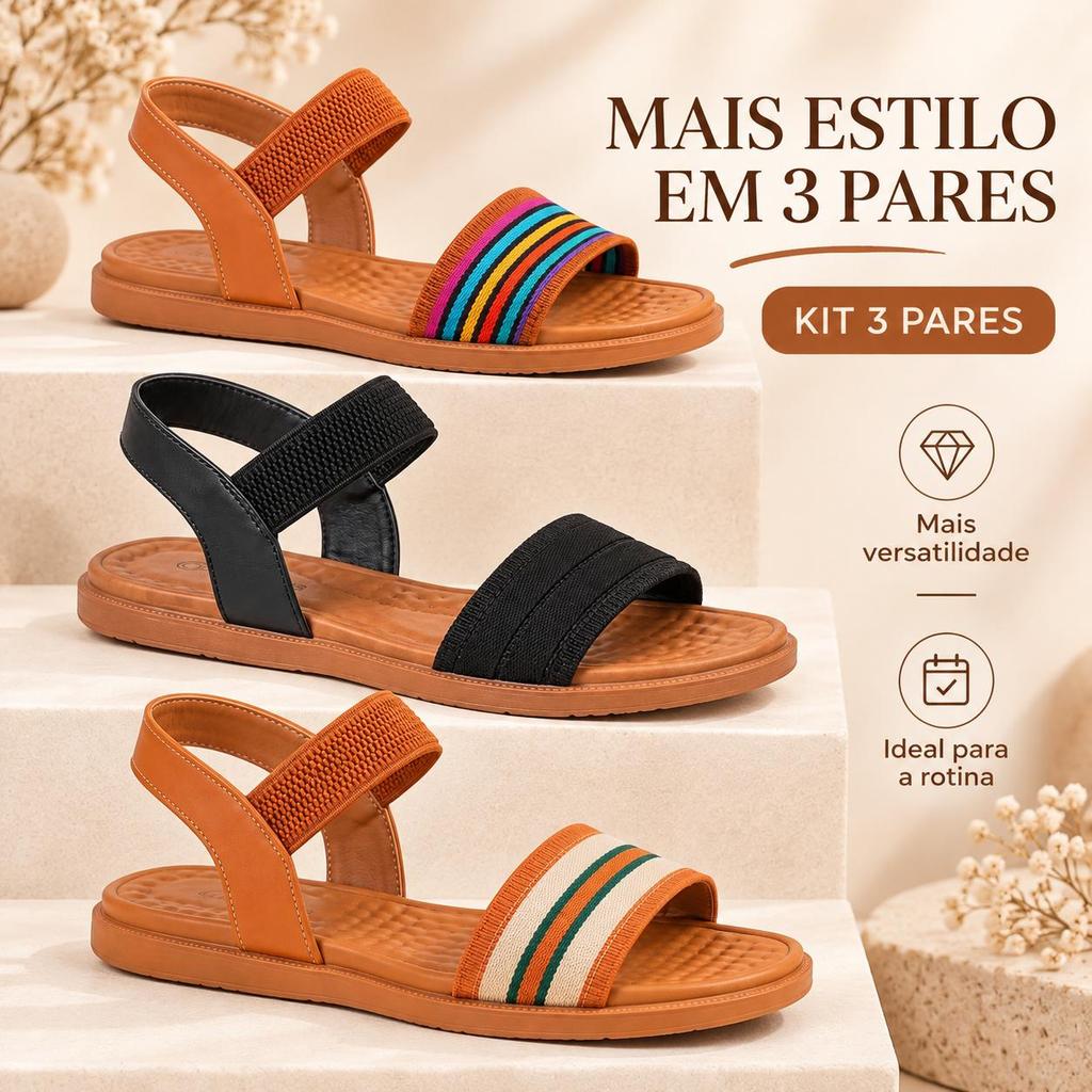 Kit 3 Pares Sandália Feminina Versátil Rasteira Elástico Casual Leve Palmilha Macia Confortável Antiderrapante