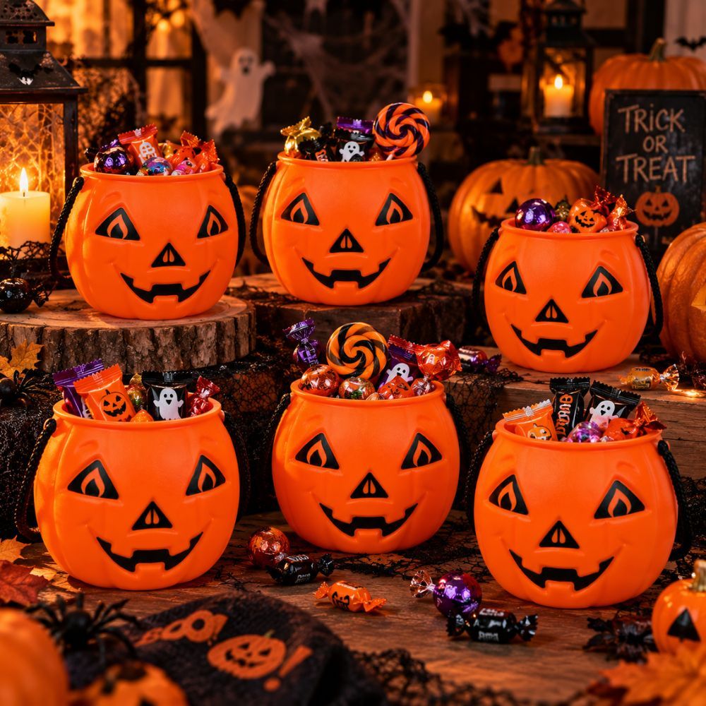 Kit 6 Unidades Balde Abóbora Halloween Festas Doces Infantil Decoração