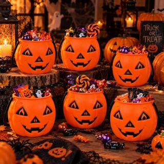 Kit 6 Unidades Balde Abóbora Halloween Festas Doces Infantil Decoração