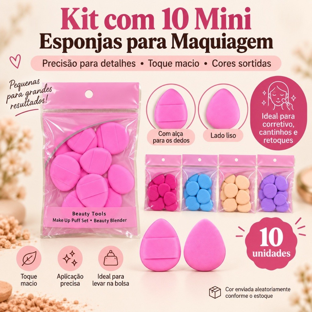 Kit com 10 Mini Esponjas para Maquiagem com Alça para os Dedos – Puff para Base, Corretivo, Pó e Retoques