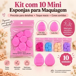 Kit com 10 Mini Esponjas para Maquiagem com Alça para os Dedos – Puff para Base, Corretivo, Pó e Retoques