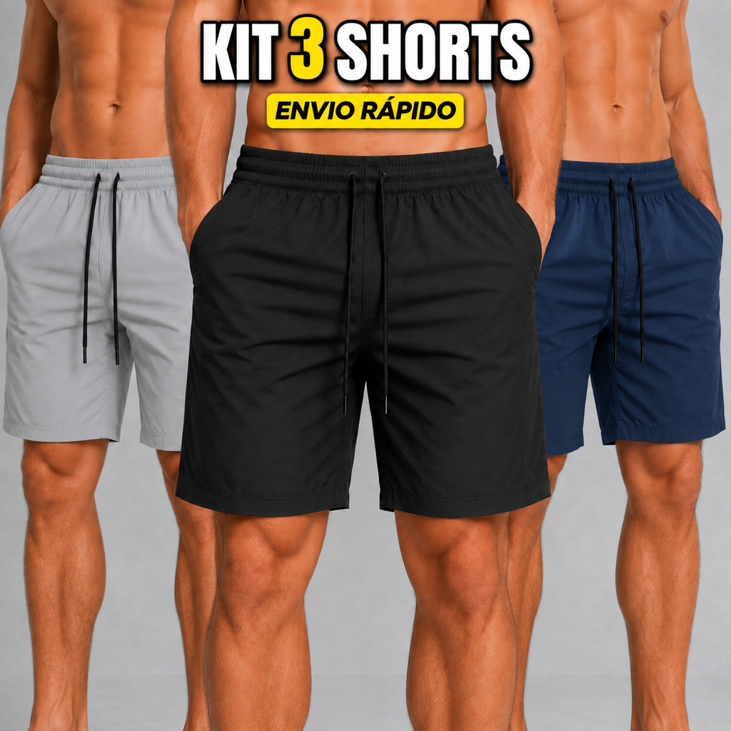 Kit 3 Shorts Tactel Com Elastano Bermuda Masculina Para Praia Academia Treino Leve Plus Size