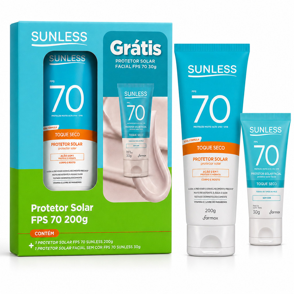Kit Protetor Solar Sunless FPS 70 200g Corpo e Rosto + Facial FPS 70 30g Grátis Alta Proteção UVA UVB