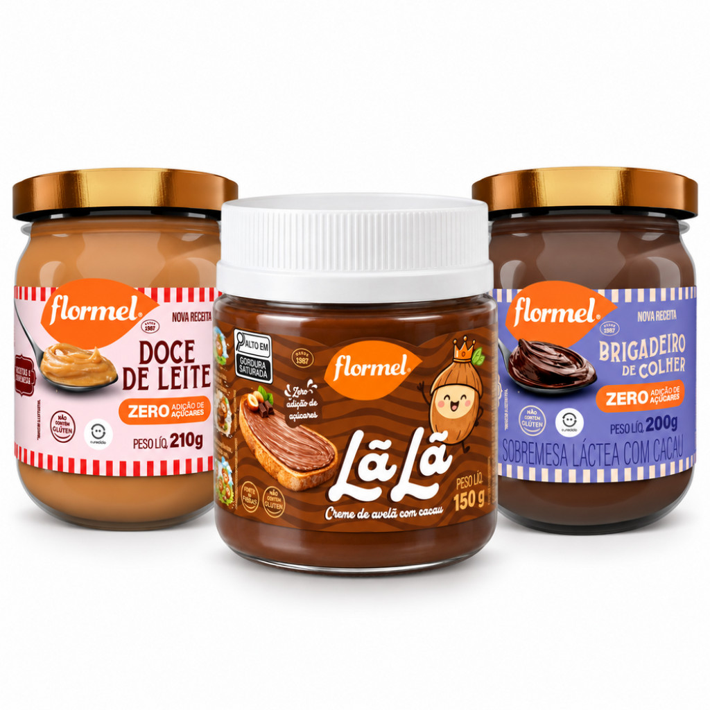 Kit Creme de avelã Lã Lã Doce de Leite Brigadeiro Cremoso Zero Açúcar Sem Glúten Flormel Receitas Fit