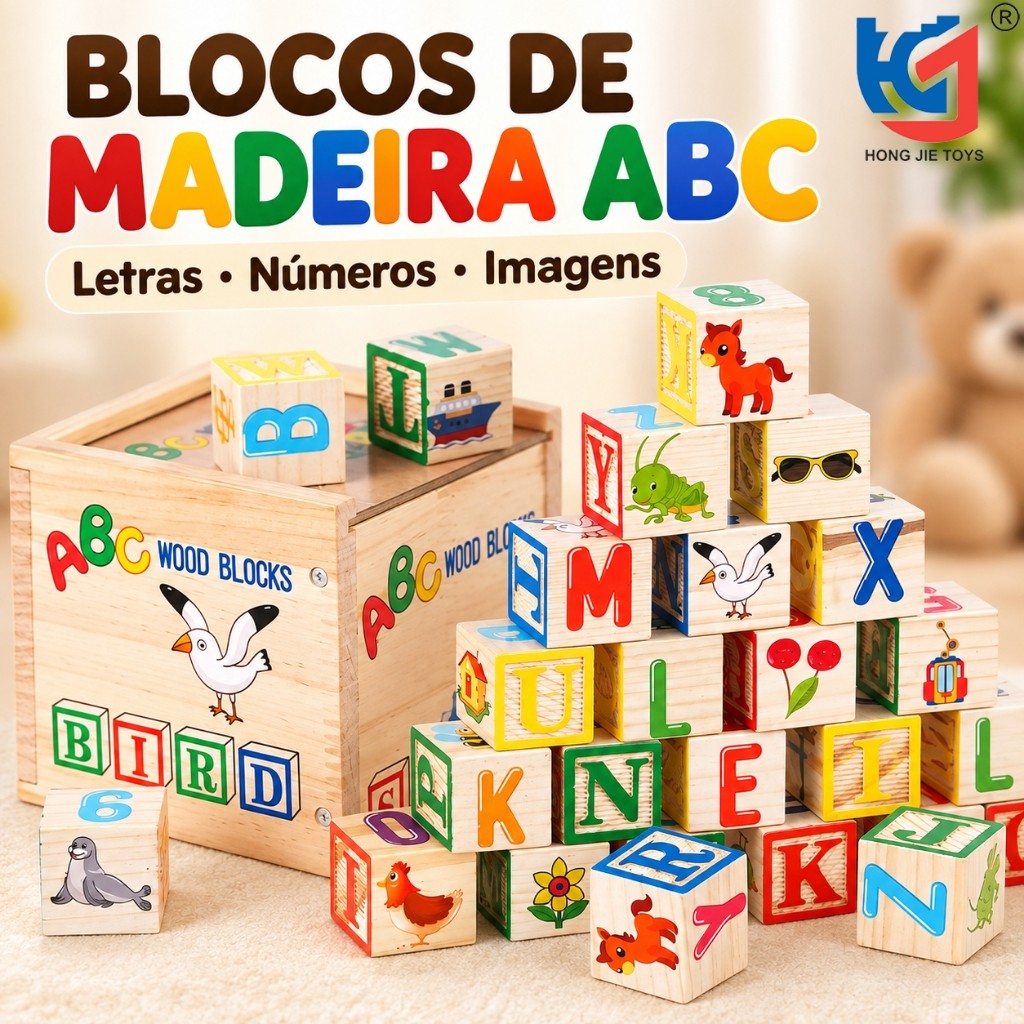 Blocos de Madeira ABC Letras Números Imagens Montessori Cubos Pedagógicos Brinquedo Educativo Infantil