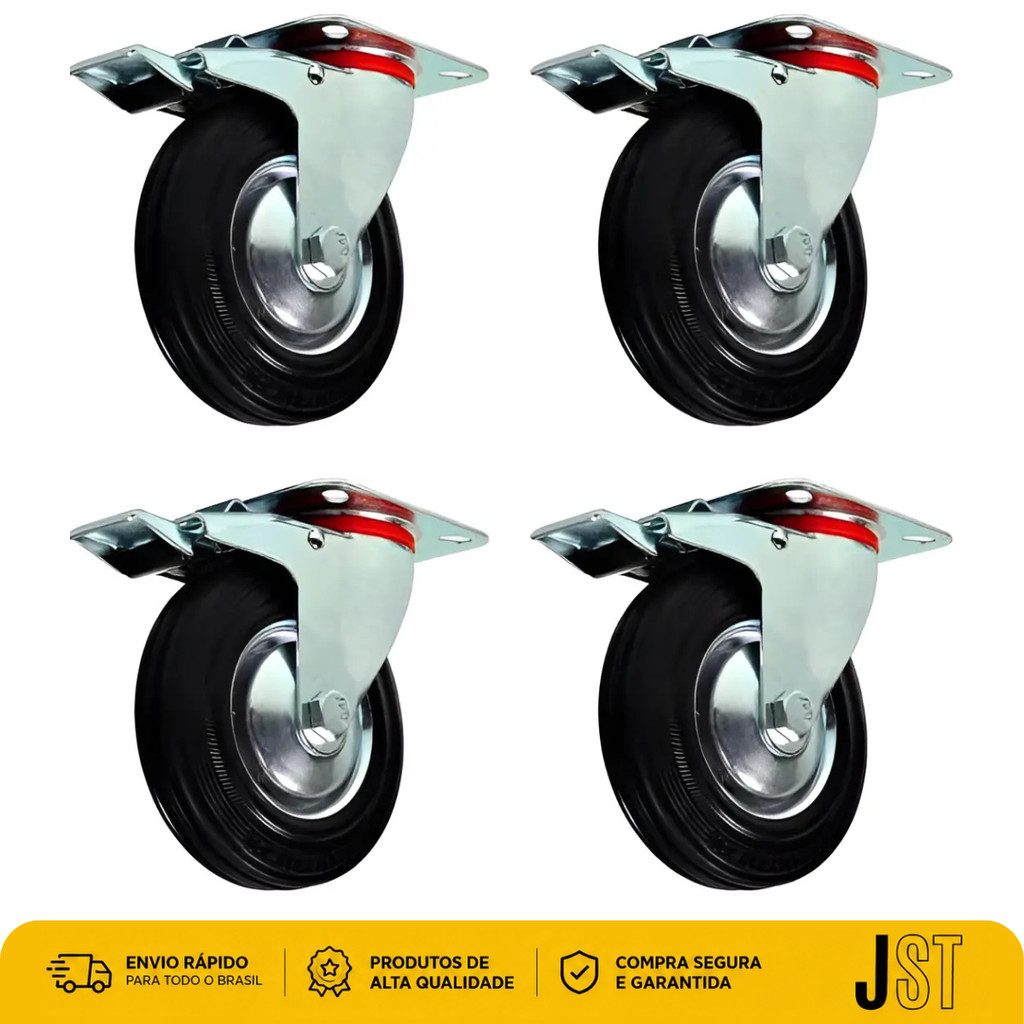 Kit 4 Rodízios Giratórios 5 Polegadas 125mm Com Trava Borracha JST 400kg