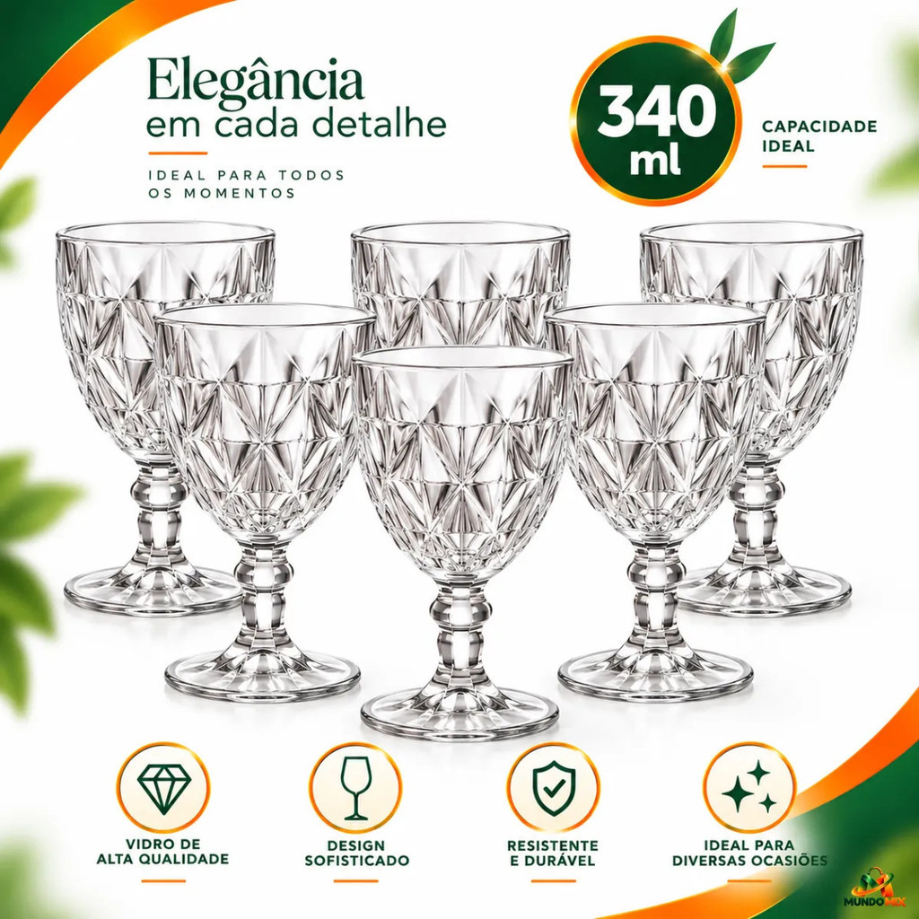 Kit 6 Taças De Vinho 340ml Vidro Cristal Elegante Mesa Posta