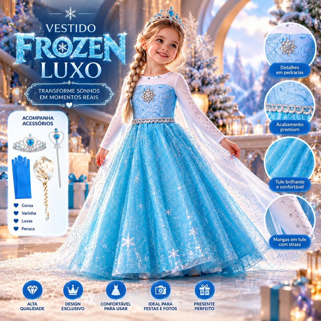 Vestido Frozen Luxo Fantasia Infantil Elsa Com Capa Acessórios Peruca